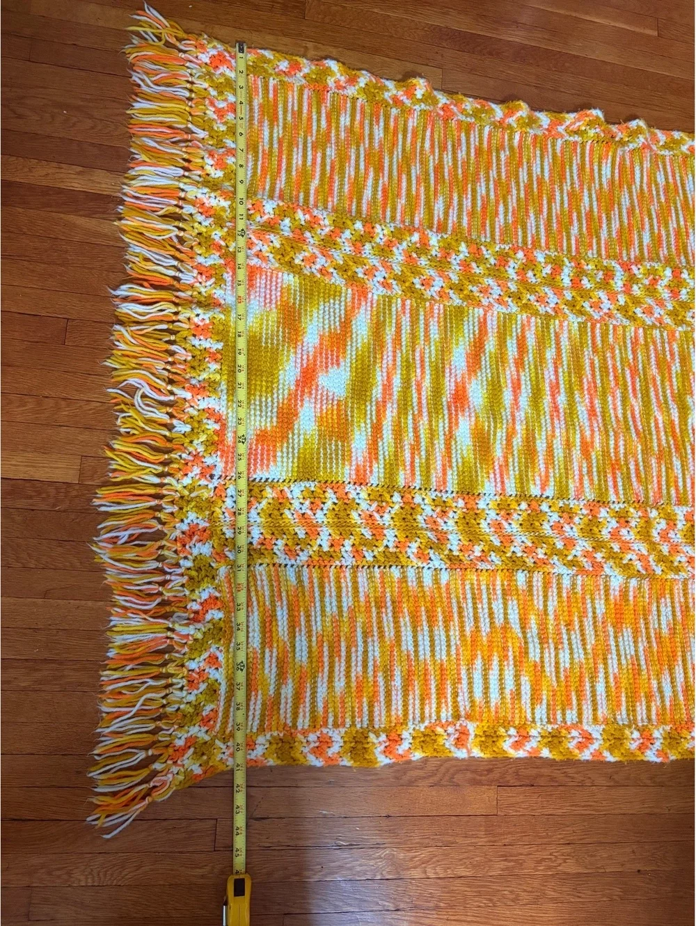 Handmade Crocheted Afghan Throw Blanket 45x65 Orange Mustard White Fringe Boho